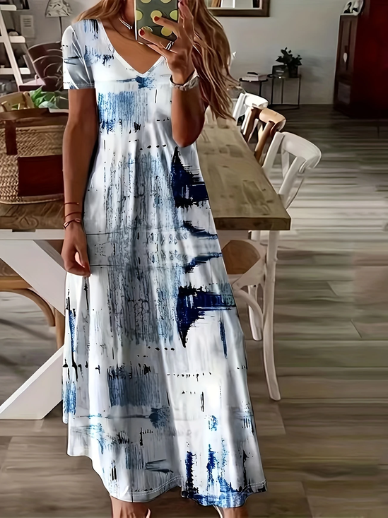 Women Abstract Short Sleeve Summer Printing Dress V Neck Daily Casual Maxi X-Line Dress