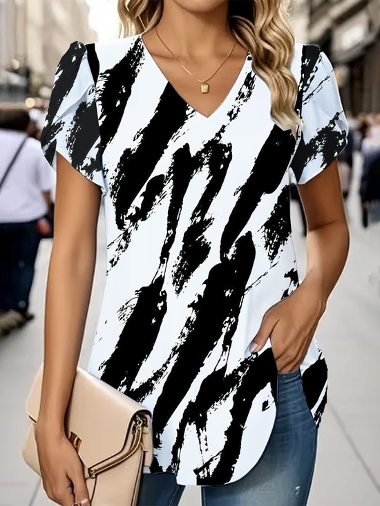 Women Abstract Short Sleeve Tee T-shirt V Neck Printing Casual Summer Graphic Tee Top