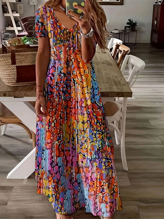 Women Abstract Short Sleeve Summer Printing Dress V Neck Daily Casual Maxi X-Line Dress
