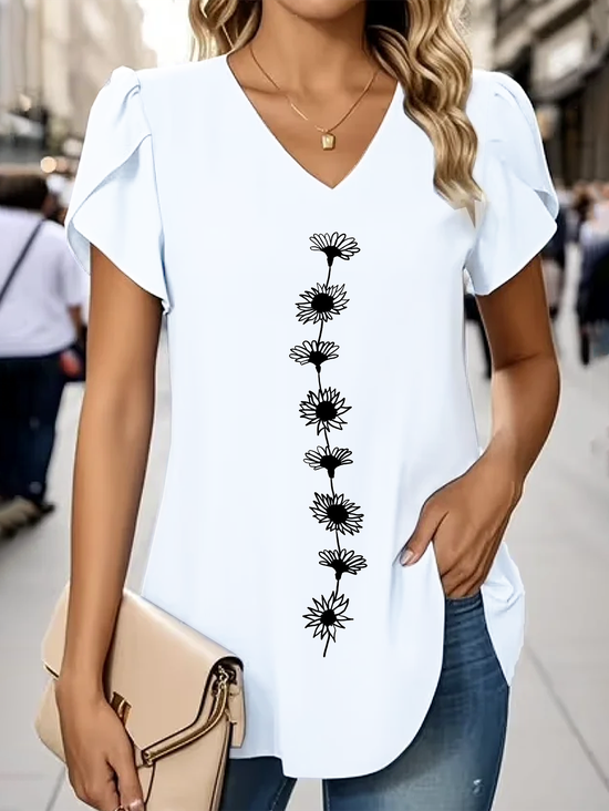 Women Floral Short Sleeve Tee T-shirt V Neck Printing Casual Summer Graphic Tee Top