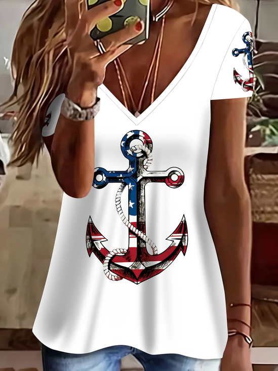 Women Anchor Short Sleeve Tee T-shirt V Neck Printing Casual Summer Graphic Tee Top