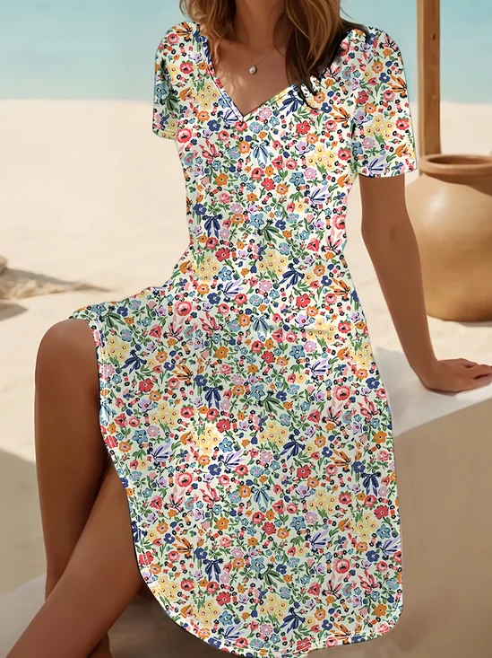 Women Floral Short Sleeve Summer Printing Dress V Neck Daily Casual Midi Fit & Flare Dress A-Line Dress