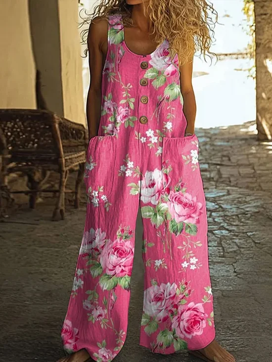 Women Floral Crew Neck Sleeveless Casual Summer Jumpsuit