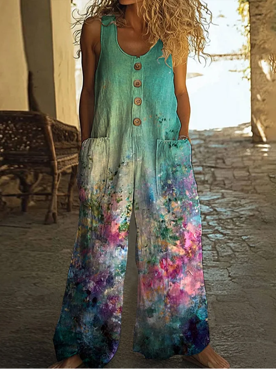 Women Floral Crew Neck Sleeveless Casual Summer Jumpsuit