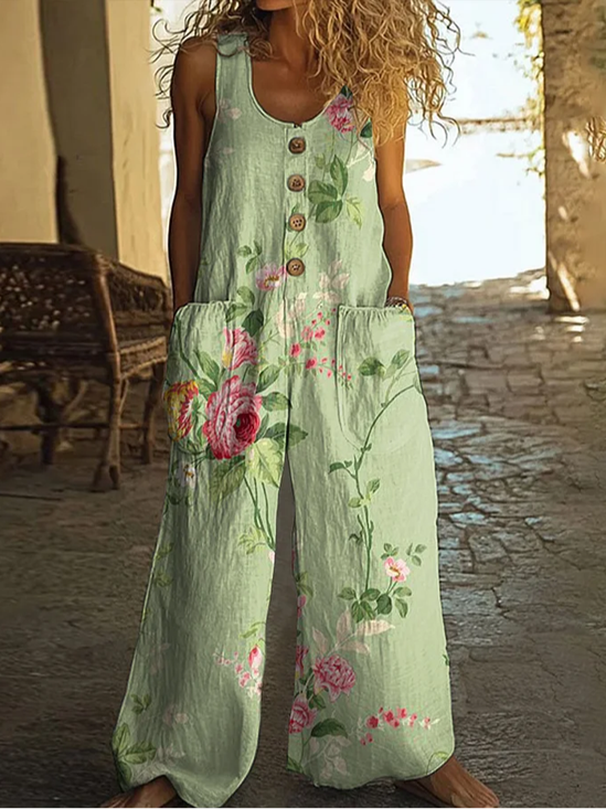 Women Floral Crew Neck Sleeveless Casual Summer Jumpsuit