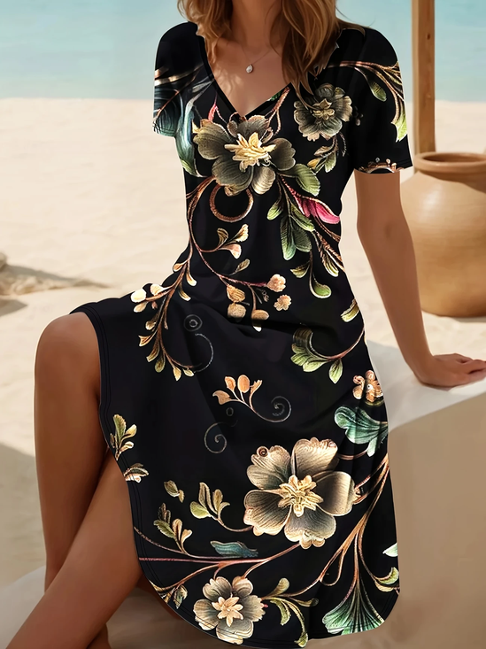 Women Floral Short Sleeve Summer Dress V Neck Daily Casual Midi Fit & Flare Dress A-Line Dress