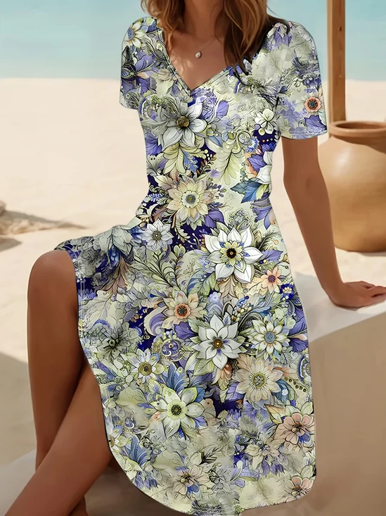 Women Floral Short Sleeve Summer Printing Dress V Neck Daily Casual Midi Fit & Flare Dress A-Line Dress