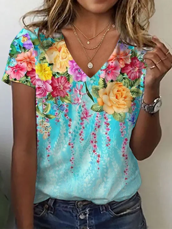 Women Floral Short Sleeve Tee T-shirt V Neck Printing Casual Summer Graphic Tee Top