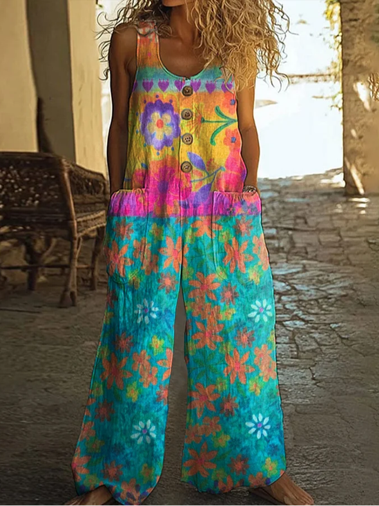 Women Floral Crew Neck Sleeveless Casual Summer Jumpsuit