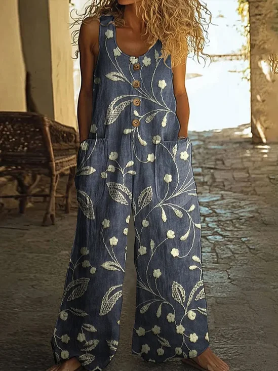 Women Floral Crew Neck Sleeveless Casual Summer Jumpsuit