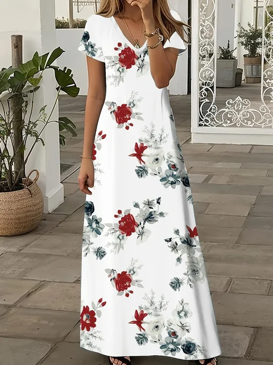 Women Floral Short Sleeve Summer Printing Dress V Neck Daily Casual Maxi X-Line Dress