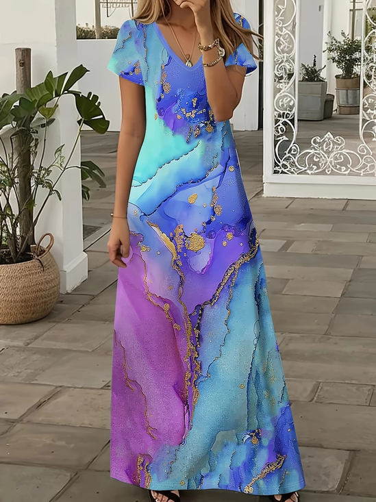Women Abstract Short Sleeve Summer Printing Dress V Neck Daily Casual Maxi X-Line Dress