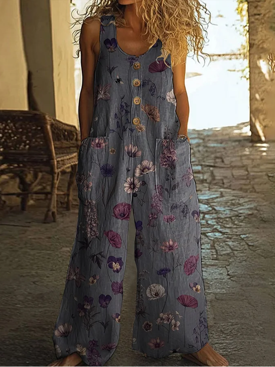 Women Floral Crew Neck Sleeveless Casual Summer Jumpsuit