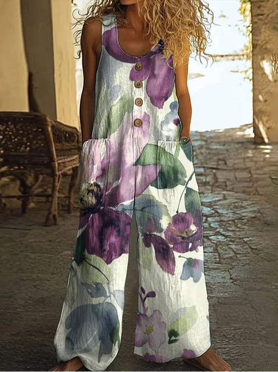 Women Floral Crew Neck Sleeveless Casual Summer Jumpsuit