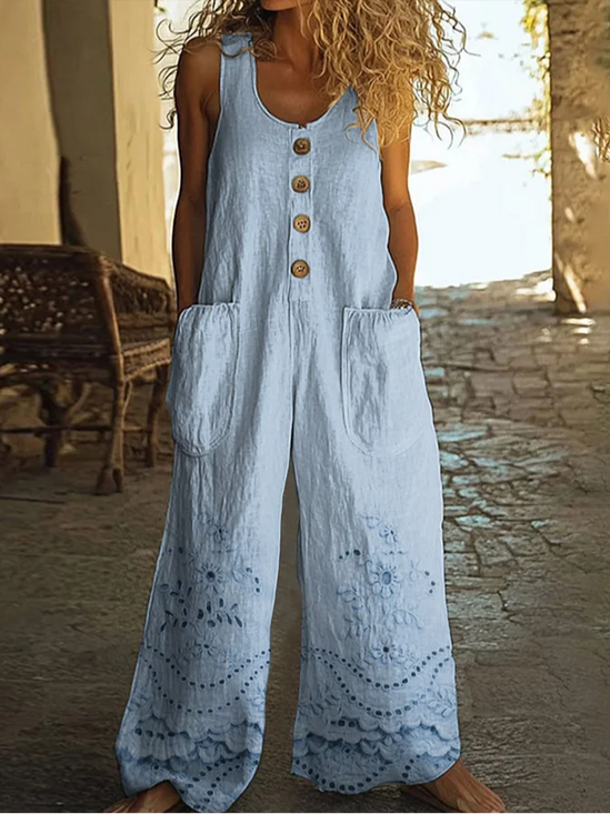 Women Floral Crew Neck Sleeveless Casual Summer Jumpsuit