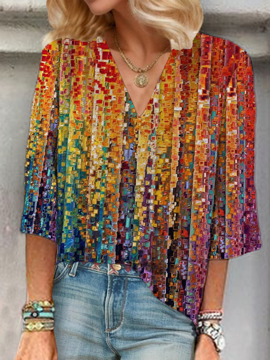 Women Abstract Three Quarter Sleeve Blouse Spring/Fall Printing V Neck Daily Casual Top
