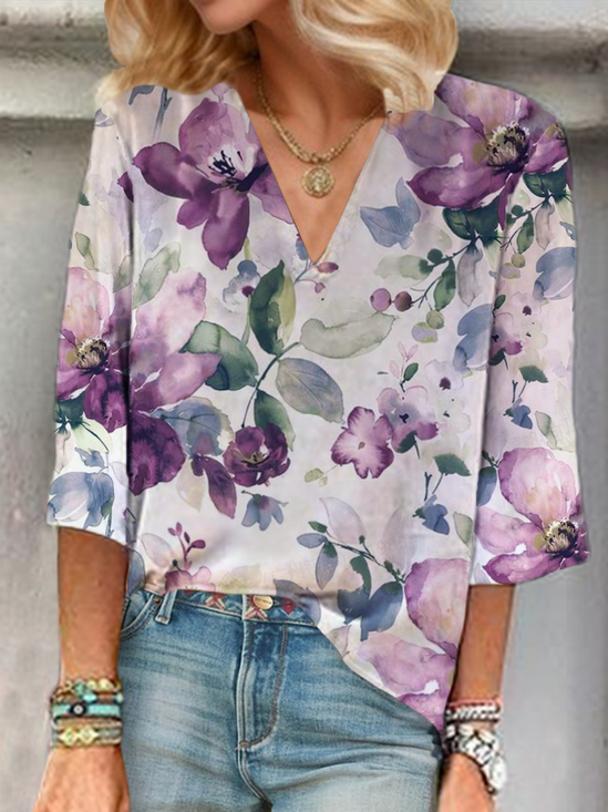 Women Floral Three Quarter Sleeve Blouse Spring/Fall V Neck Daily Casual Top