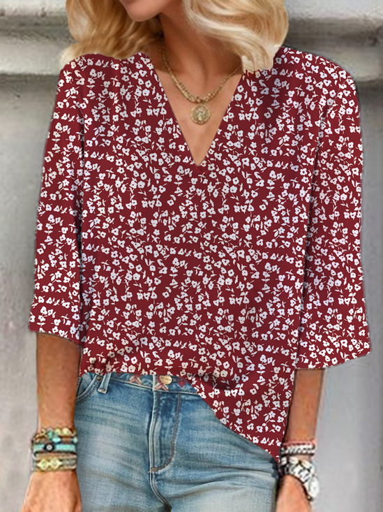 Women Floral Three Quarter Sleeve Blouse Spring/Fall Printing V Neck Daily Casual Top