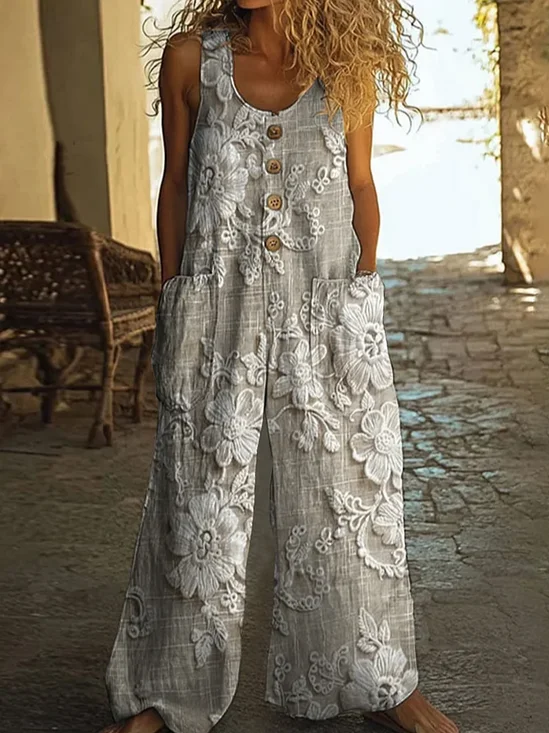 Women Floral Crew Neck Sleeveless Casual Summer Jumpsuit