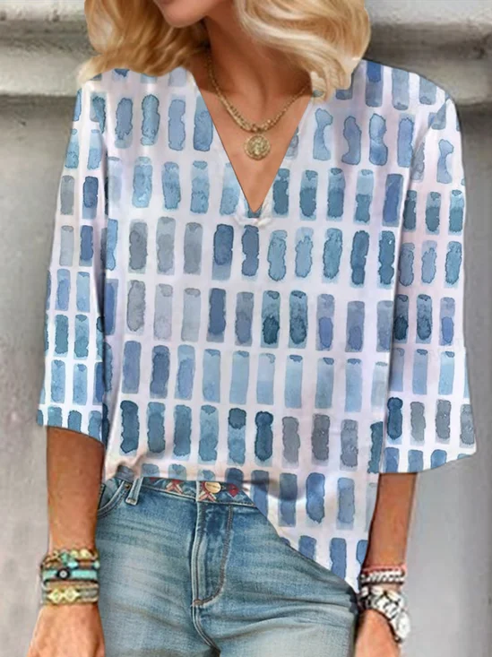 Women Geometric Three Quarter Sleeve Blouse Spring/Fall Printing V Neck Daily Casual Top
