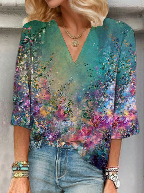 Women Floral Three Quarter Sleeve Blouse Spring/Fall Printing V Neck Daily Casual Top