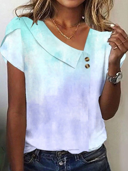 Women Geometric Short Sleeve Tee T-shirt Asymmetrical Buckle Vintage Summer Top