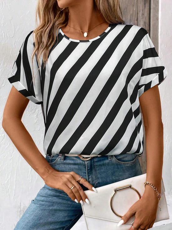 Women Striped Short Sleeve Tee T-shirt Crew Neck Printing Casual Summer Graphic Tee Top