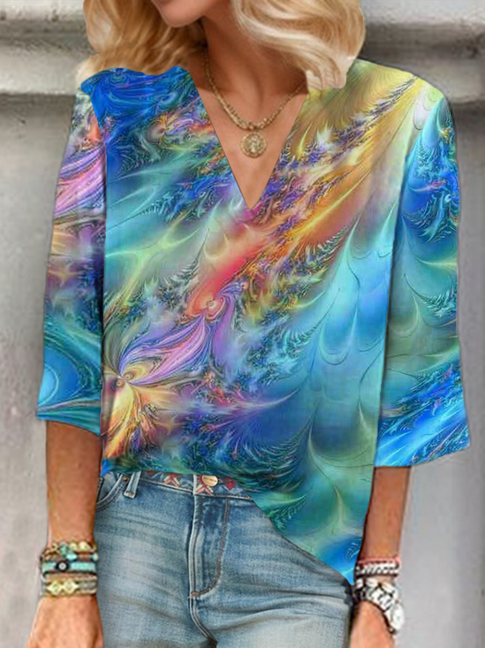 Women Abstract Three Quarter Sleeve Blouse Spring/Fall Printing V Neck Daily Casual Top