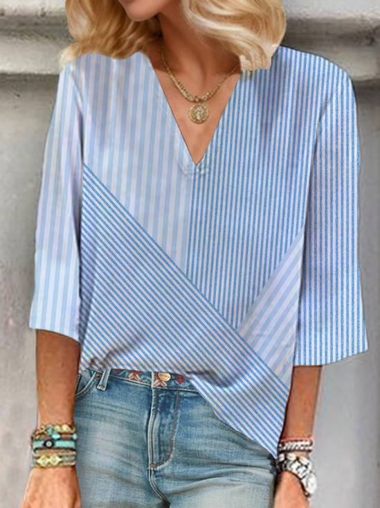 Women Striped Three Quarter Sleeve Blouse Spring/Fall Printing V Neck Daily Casual Top