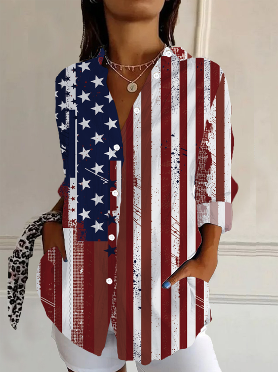 Women Independence Day (Flag) Long Sleeve Shirt Spring/Fall Buckle Shirt Collar Daily Casual Top