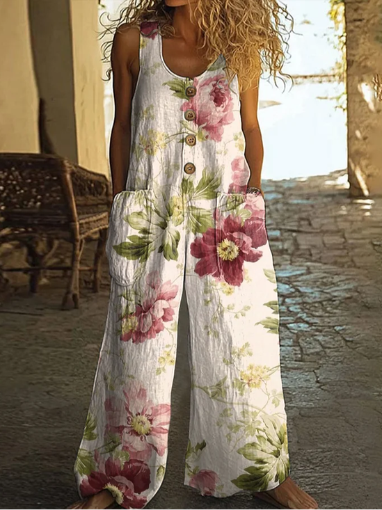 Women Floral Crew Neck Sleeveless Casual Summer Jumpsuit