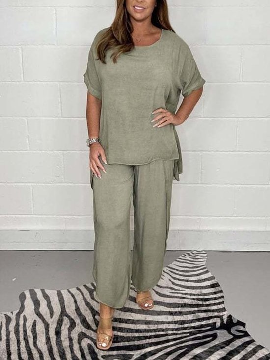 Women Plain Two-Piece Set Daily Half Sleeve Vintage Summer Top With Pants Matching Set