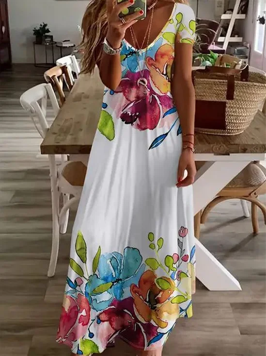 Women Floral Short Sleeve Summer Printing Dress V Neck Daily Casual Maxi X-Line Dress