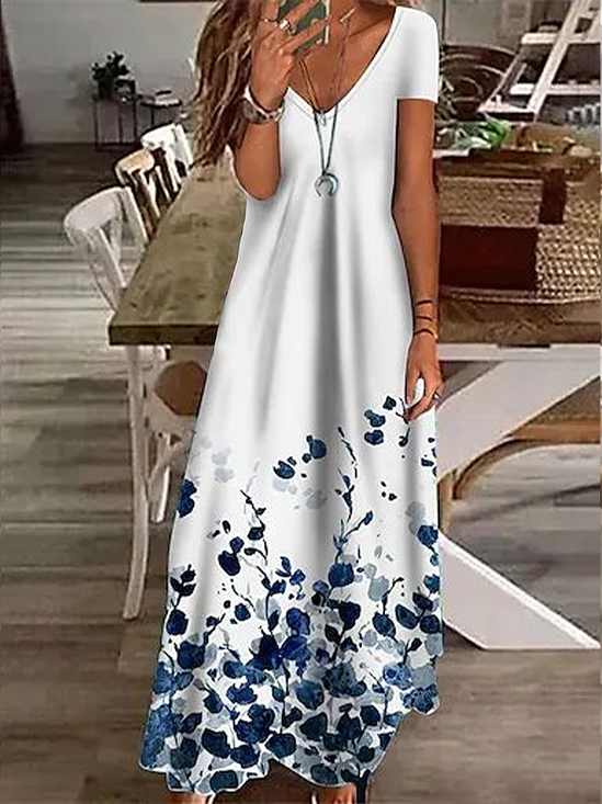Women Floral Short Sleeve Summer Printing Dress V Neck Daily Casual Maxi X-Line Dress