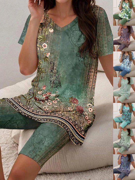 Women Floral Two-Piece Set Daily Short Sleeve Casual Summer Top With Pants Matching Set