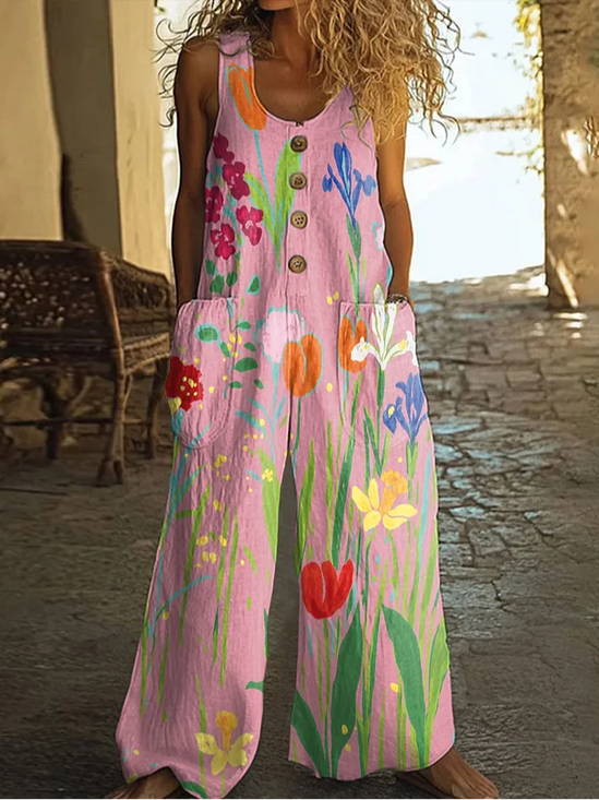 Women Floral Crew Neck Sleeveless Casual Summer Jumpsuit