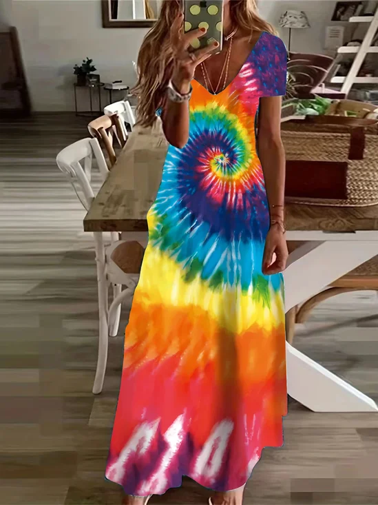 Women Tie-Dye Pattern Short Sleeve Summer Printing Dress V Neck Daily Casual Maxi X-Line Dress