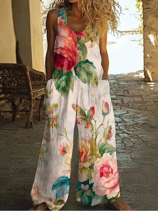 Women Floral Crew Neck Sleeveless Casual Summer Jumpsuit