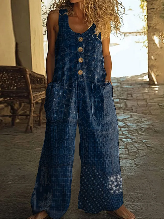 Women Geometric Crew Neck Sleeveless Casual Summer Jumpsuit