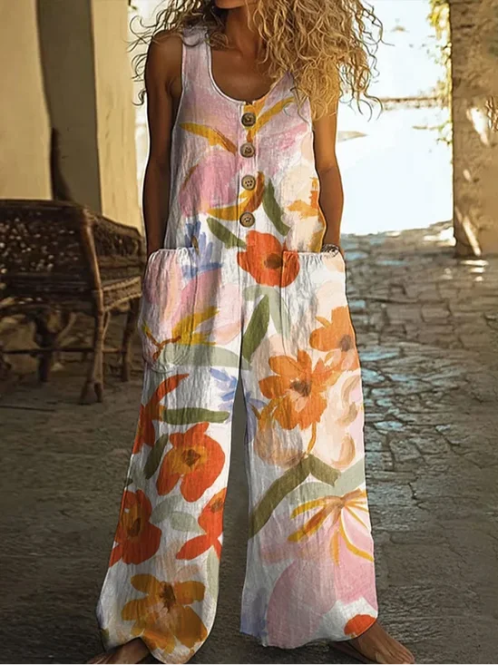 Women Floral Crew Neck Sleeveless Casual Summer Jumpsuit