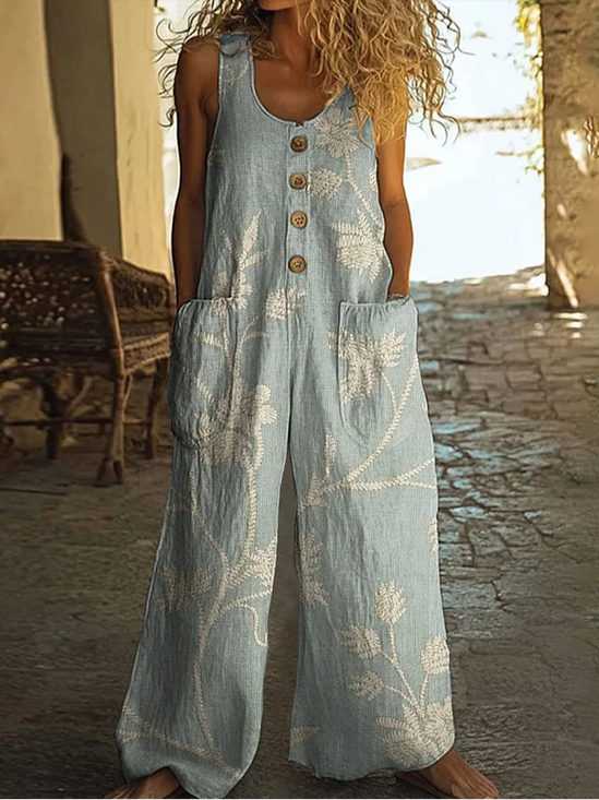 Women Floral Crew Neck Sleeveless Casual Summer Jumpsuit