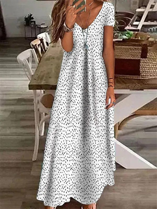 Women Polka Dots Short Sleeve Summer Printing Dress V Neck Daily Casual Maxi X-Line Dress