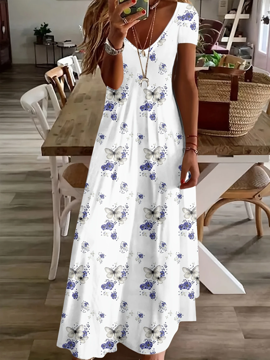 Women Floral Short Sleeve Summer Printing Dress V Neck Daily Casual Maxi X-Line Dress