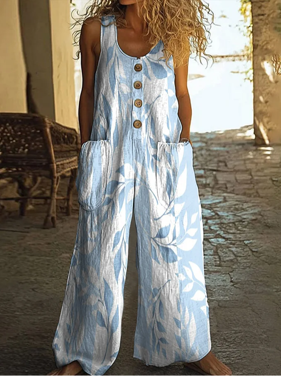 Women Floral Crew Neck Sleeveless Casual Summer Jumpsuit