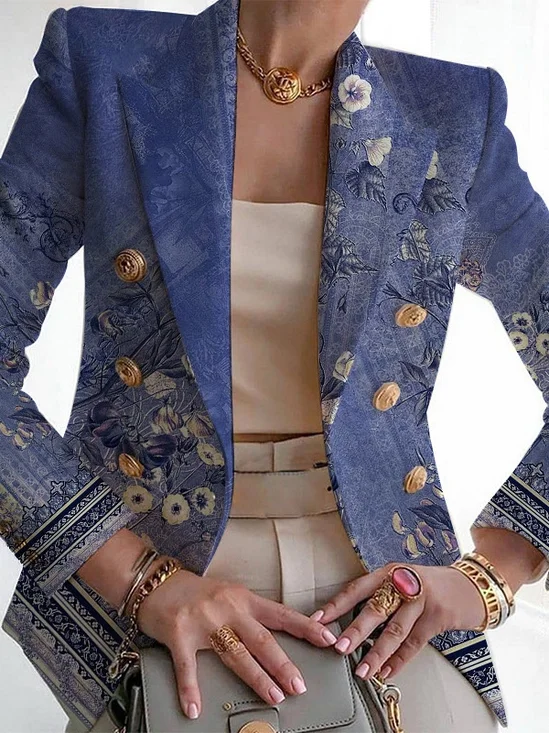 Women Floral Spring/Fall Outerwear Vintage Printing Long Sleeve Regular Blazer