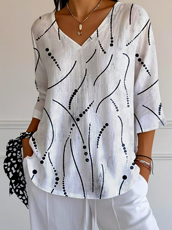 Women Striped Three Quarter Sleeve Tee T-shirt V Neck Casual Spring/Fall Top