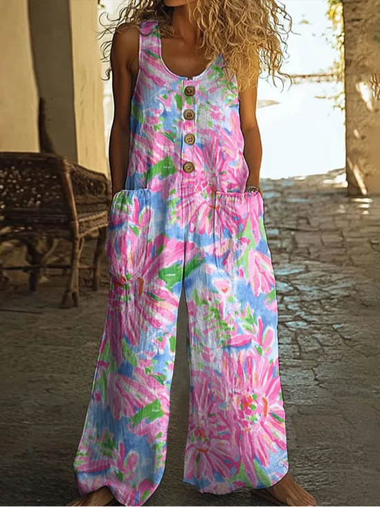 Women Floral Crew Neck Sleeveless Casual Summer Jumpsuit