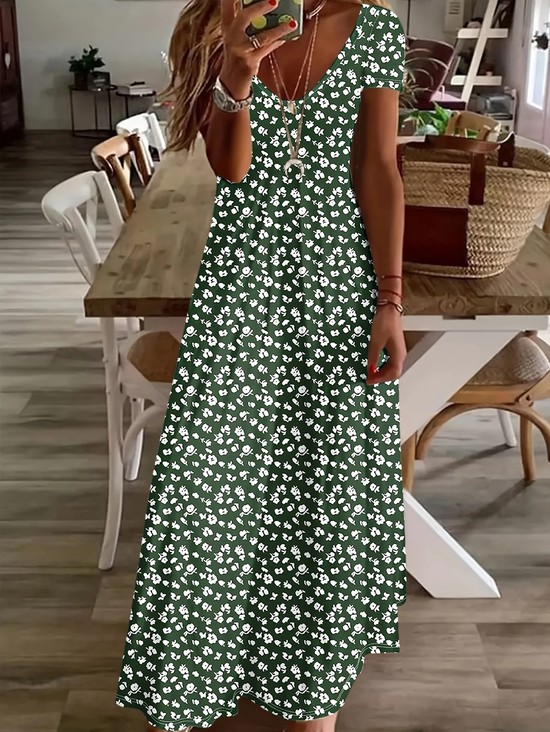 Women Floral Short Sleeve Summer Printing Dress V Neck Daily Casual Maxi X-Line Dress
