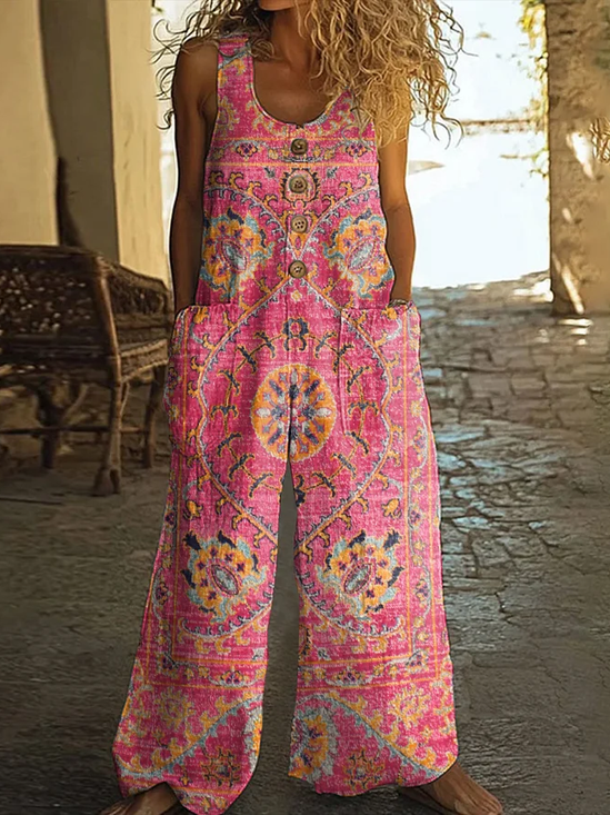 Women Floral Crew Neck Sleeveless Casual Summer Jumpsuit