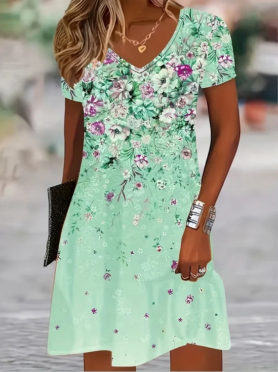 Women Floral Short Sleeve Summer Dress V Neck Daily Casual Midi Fit & Flare Dress A-Line Dress